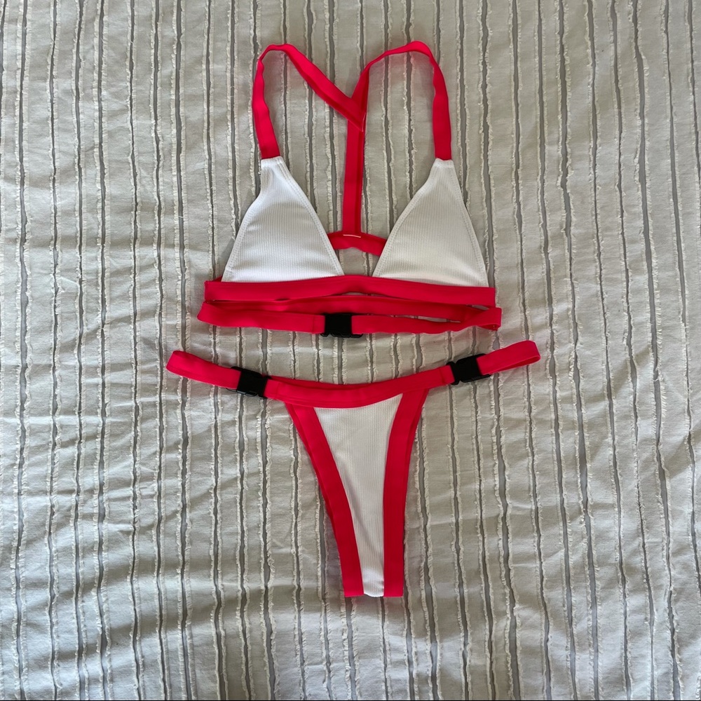 NWOT Red / Pink(ish) and White Sexy Bikini with Buckles